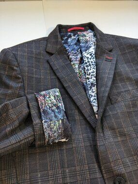 Au Noir Men 2-button Blazer Jacket Brown Plaid 42R colorful leopard lining